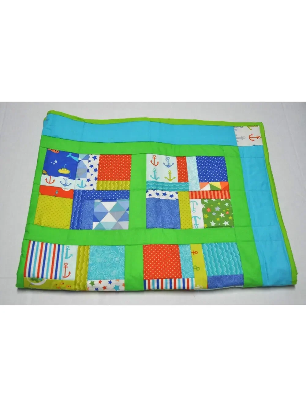 Nautical Reversible Nursery Quilt Crib Blanket with Anchors & Fish Handmade